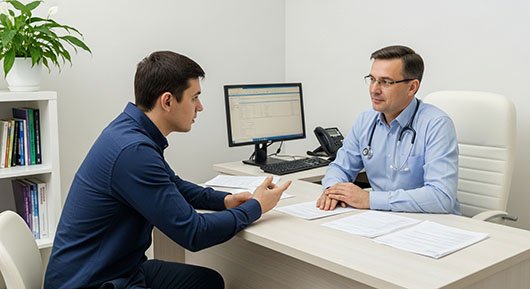 Пациент сидит на консультации у врача